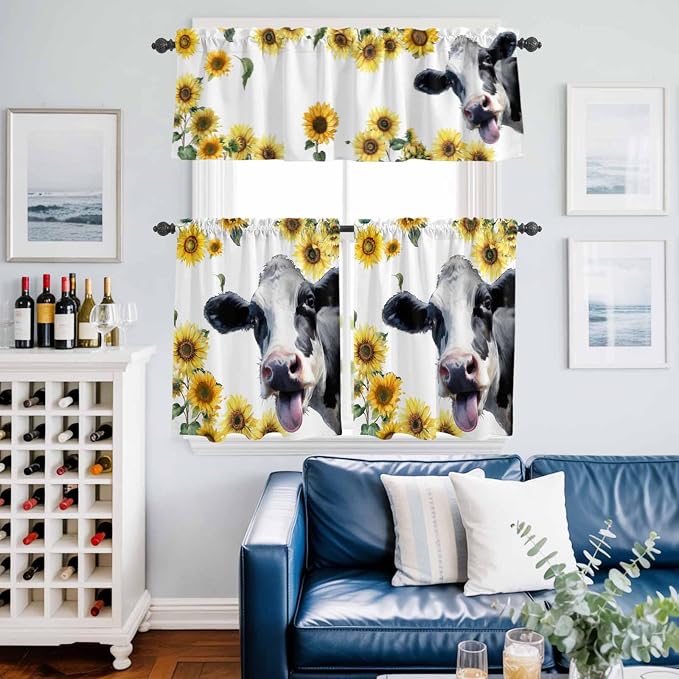 Kitchen Curtains Tiers and Valance Set of 3, Cow Sunflowers Light Filtering - Image 6