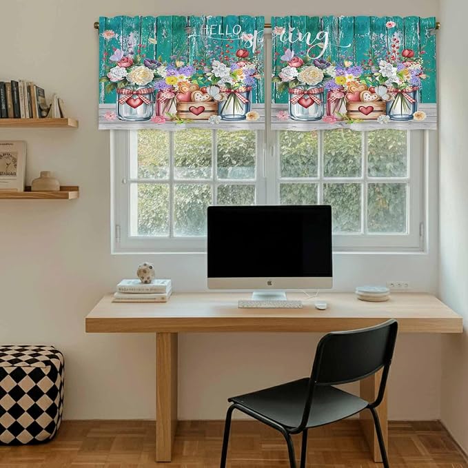 Spring Flowers Tier Curtains, Farmhouse Watercolor Teal Wood Grain Light - Image 6