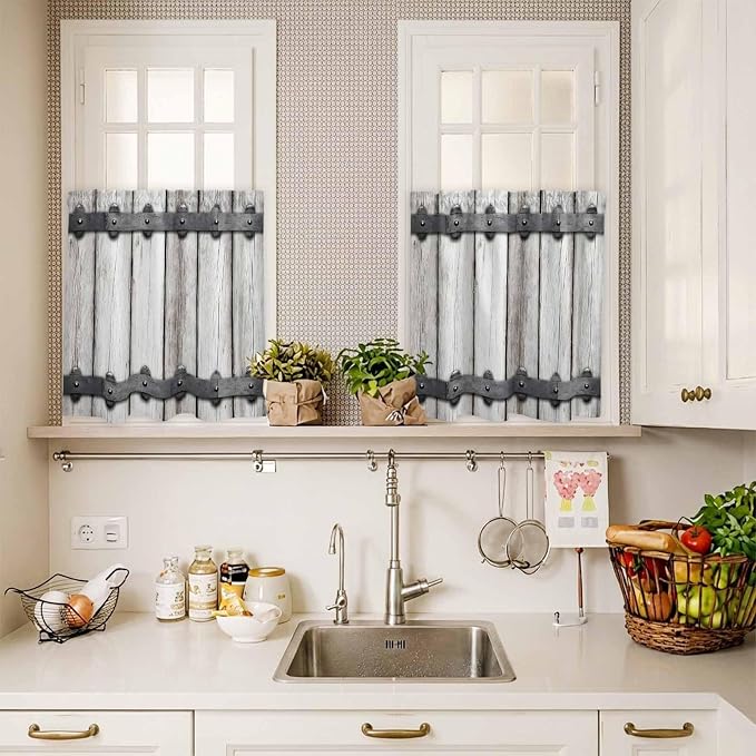 Farmhouse Rustic Kitchen Curtain Set, Vintage Country Wooden Grain Window - Image 4