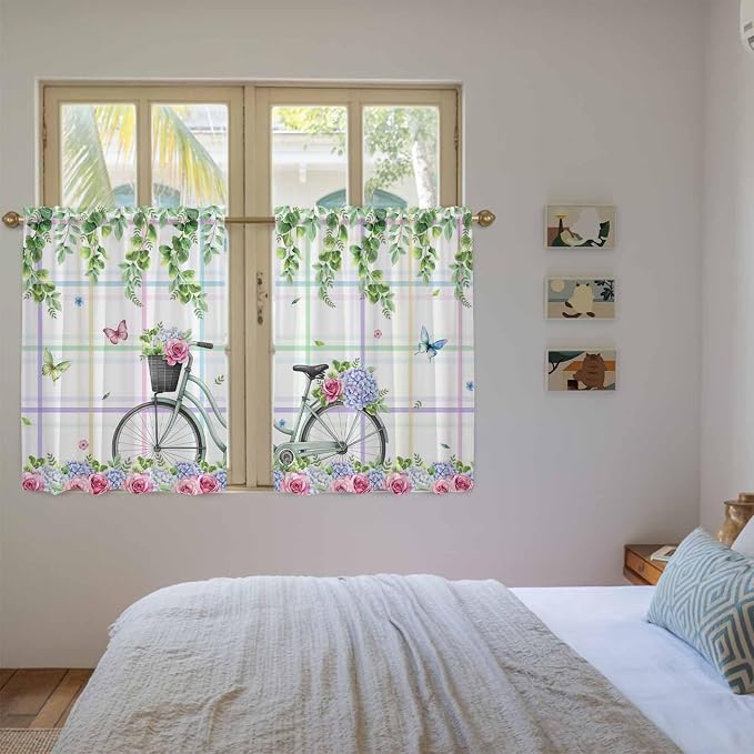 Spring Kitchen Curtains, Bicycles Botanical Leaves Rose Colorful Stripes Light - Image 4