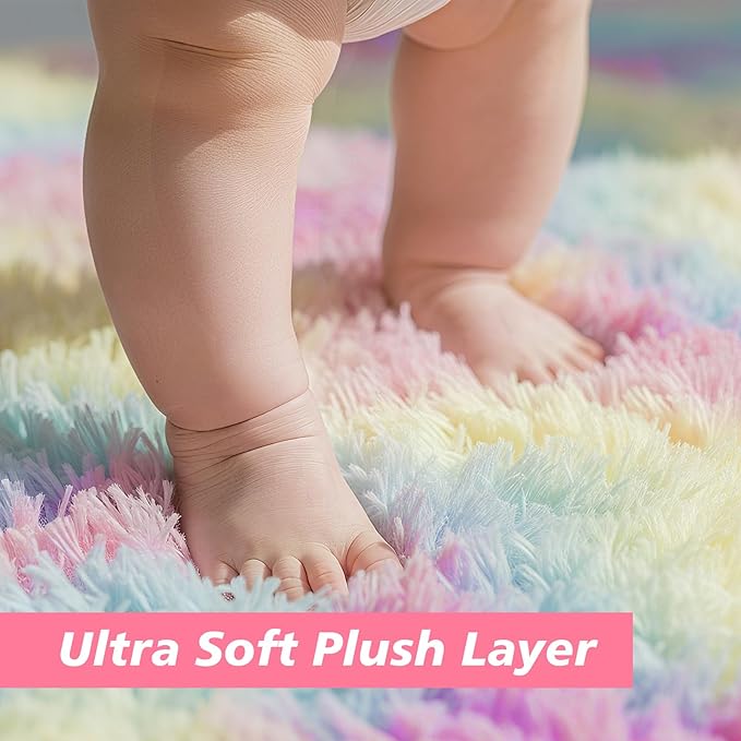 Shag Area Rug for Bedroom 4x6,Fluffy Area Rugs for Living Room,Soft Fuzzy Rug Non-Shedding Indoor Plush Carpet for Kids Bedroom Nursery Dorm Home Decor,Rainbow