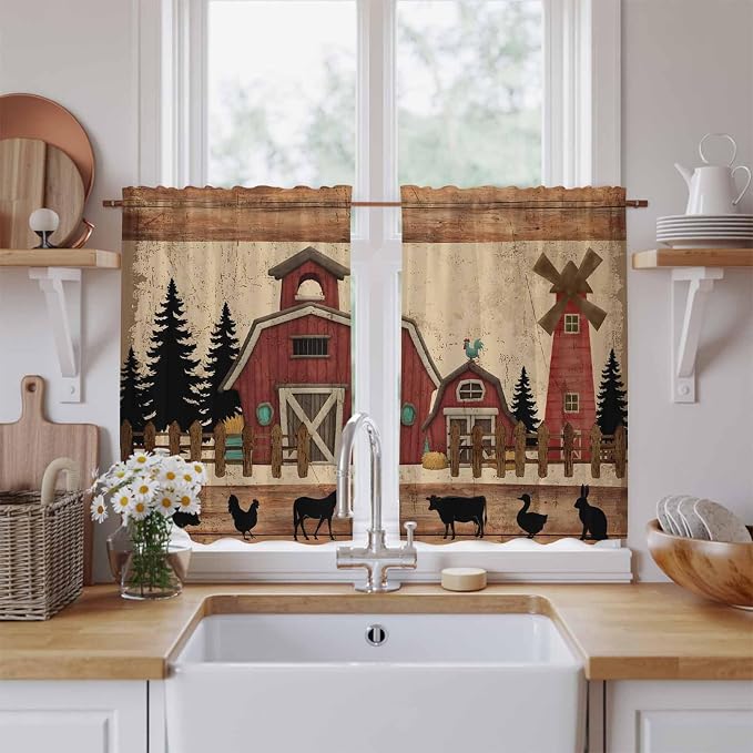 Brown Farmhouse Kitchen Curtains, Vintage Country Animals Wooden Grain Light - Image 2