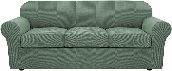H.VERSAILTEX 4 Piece Stretch Sofa Covers for 3 Cushion Couch Covers for Living Room Furniture Slipcovers (Base Cover Plus 3 Seat Cushion Covers) Upgraded Thicker Jacquard Fabric (Sofa, Loden Frost)