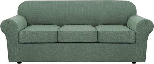 H.VERSAILTEX 4 Piece Stretch Sofa Covers for 3 Cushion Couch Covers for Living Room Furniture Slipcovers (Base Cover Plus 3 Seat Cushion Covers) Upgraded Thicker Jacquard Fabric (Sofa, Loden Frost)