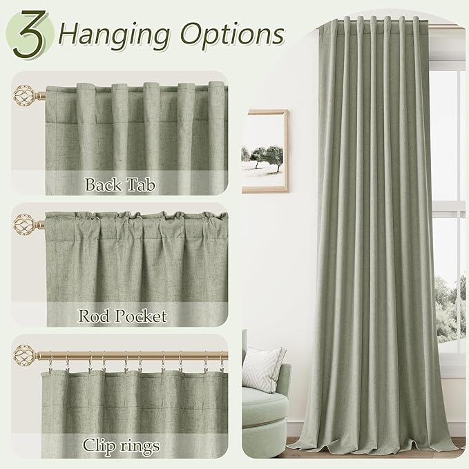 Sage Green 100% Blackout Curtains 84 Inch Length 2 Panels Set for Living Room Bedroom Back Tab Thermal Insulated Black Out Linen Drapes Room Darkening Window Curtains 40 Wide