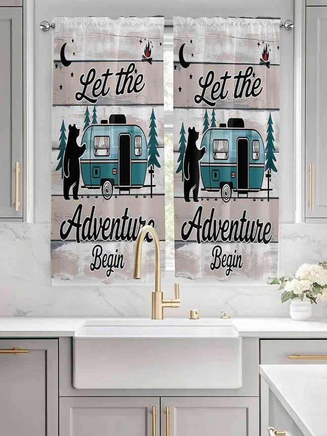 Farmhouse Bear Camper Van Tree Window Valance Curtains, Vintage Wood Grain - Image 3