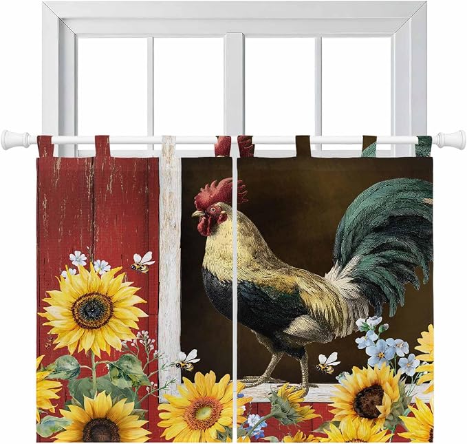 Chicken Sunflowers Kitchen Curtains 45 Inch Length, Short Cafe Window Curtains by Unknown