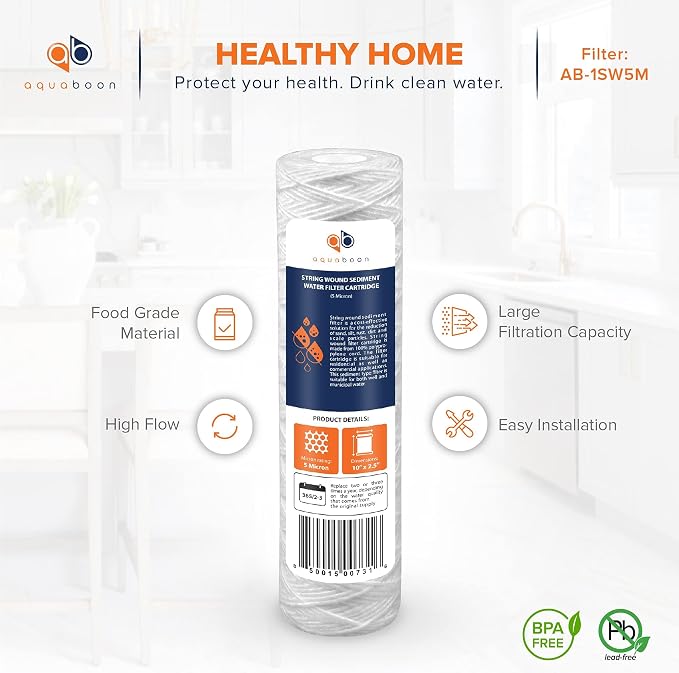 Aquaboon Whole House 5 Micron 10 x 2.5 String Wound Sediment Water Filter - Image 4
