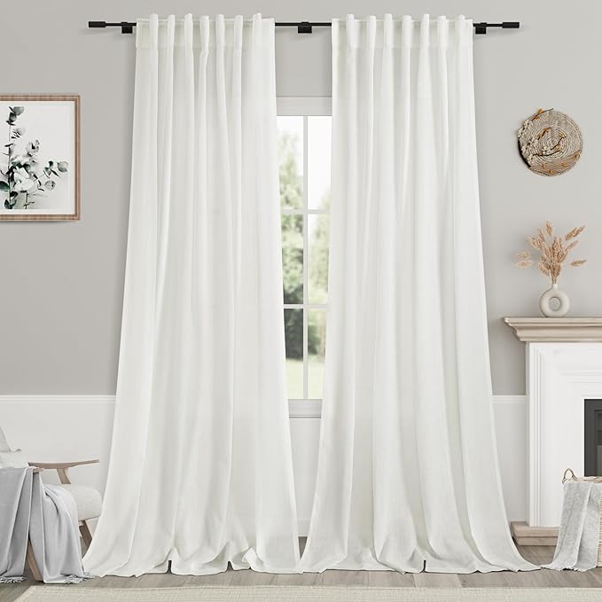 Natural Linen 102 Inch Long Curtains for Living Room 2 Panels Back Tab Pocket Ivory Semi Sheer Extra Long Curtains Linen Soft Material Light Filtering Window Panel Drapes for Dining Room 52X102