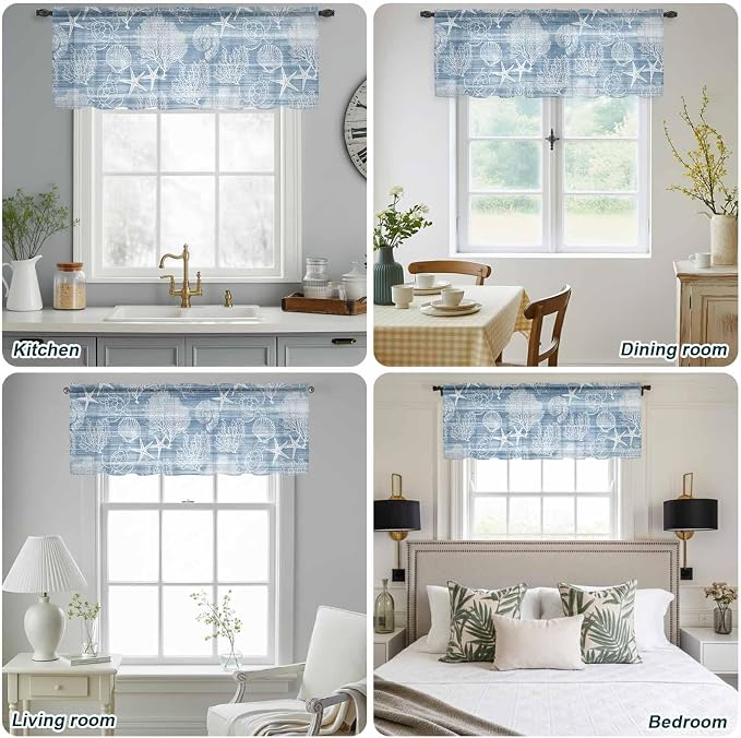 Haze Blue Retro Summer Sheer Valance Curtains, Sea Turtle Starfish Coral Ocean - Image 9