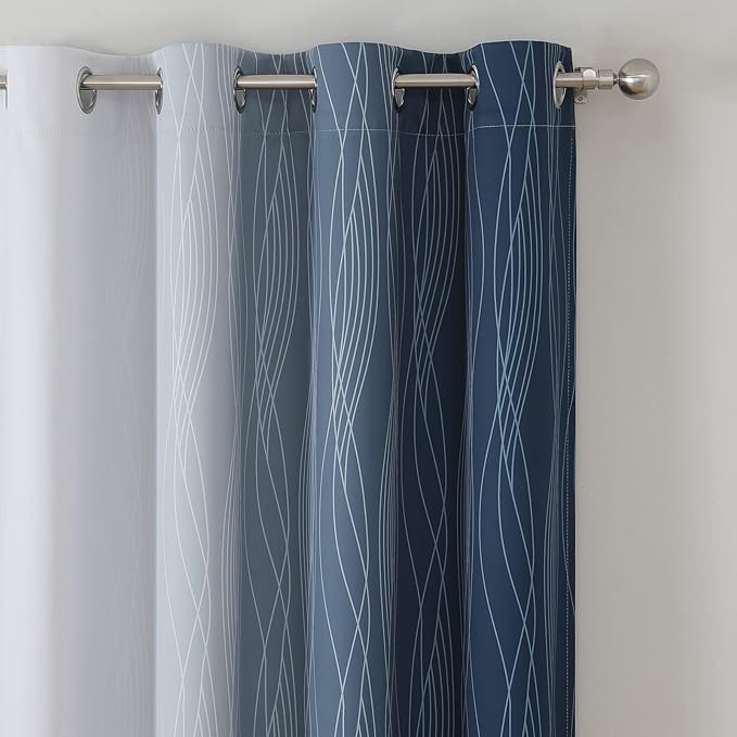 Estelar Textiler Navy Blue and Greyish White Ombre Short Blackout Cafe Curtains 36 Inch Length, Thermal Insulated Grommet Small Half Window Drapes for Kitchen/Basement/RV Camper, 52Wx36L, 2 Panels