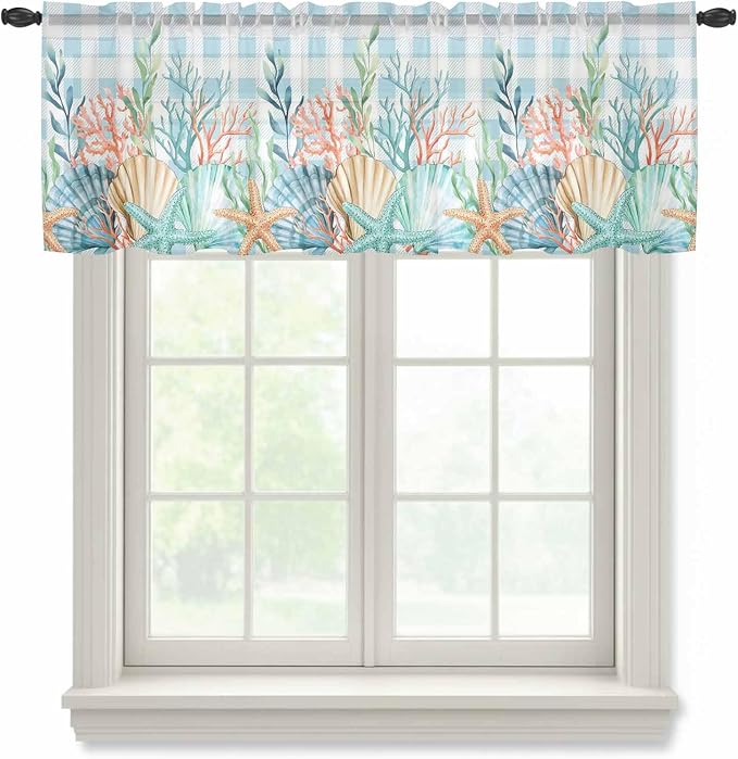 Summer Beach Sheer Valance Curtains, Ocean Colorful Coral Shell Seaweed by Houseown