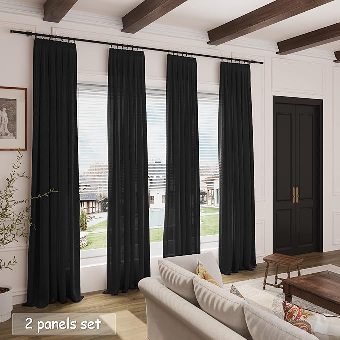 Nanspring Black Linen Textured Curtains for Living Room 60 Inches Long 2 Panels Set Back Tab Rod Pocket for Bedroom Kitchen Short Semi Sheer Light Filtering Protect Privacy Window Drapes W52xL60