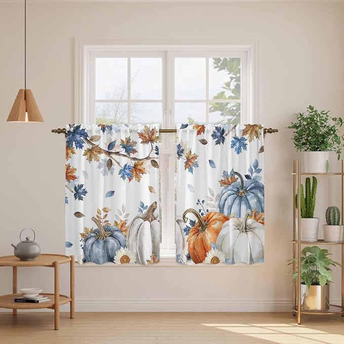 Navy Blue Pumpkin Fall Kitchen Tier Curtains 45 Inch Long 2 Panel Set, Rod - Image 3