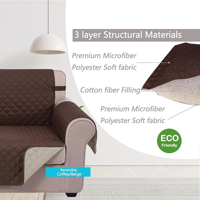 U-NICE HOME Recliner Chair Covers Reversible Quilted Water Repellent Pet Protectors with Elastic Straps (23''Recliner Small, Coffee/Beige)