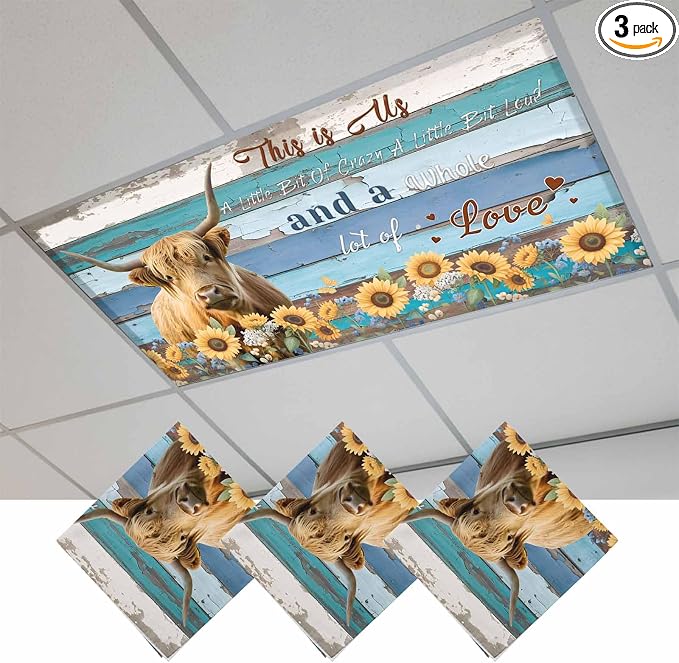 3 Pack Highland Cow Flower Fluorescent Light Covers Country Farmhouse Cow by Unknown