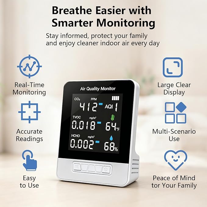 6-in-1 Air Quality Monitor, Smart Indoor CO2 Detector & HCHO TVOC AQI Tester - Image 6