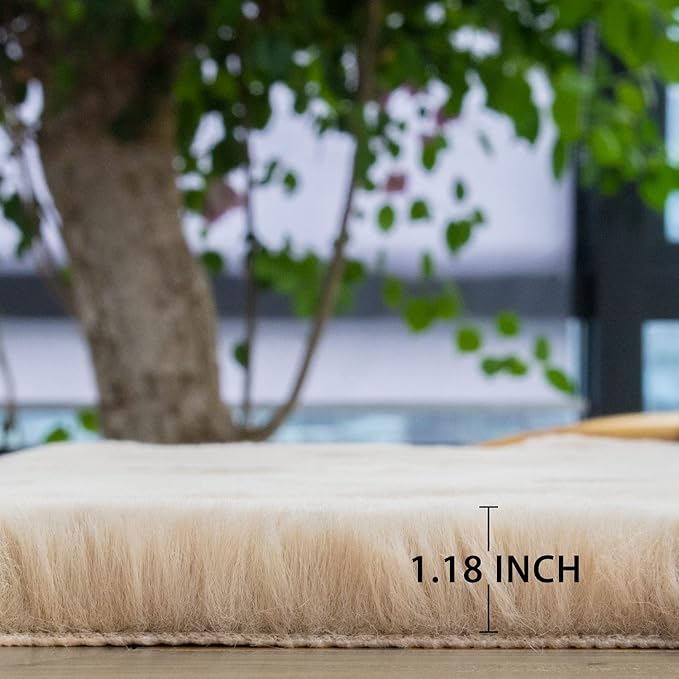 ORINOVA 5x7 Area Rug Light Brown Beige Plush Shaggy Rugs for Bedroom Washable Faux Rabbit Fur Rug for Living Room Fluffy Large Nursery Rug Home Décor