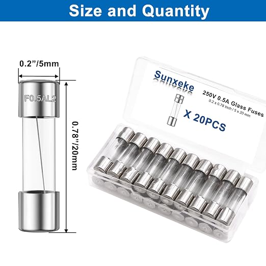 20PCS F0.5AL250V 5 x 20mm Fast Blow Glass Fuses 0.5A 0.5Amp 250V Glass Fuse - Image 2