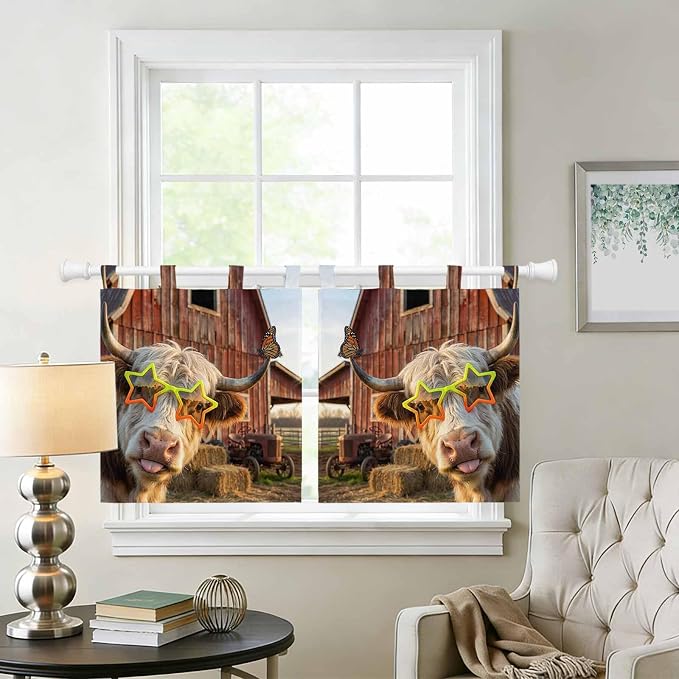 Farm Yaks Kitchen Curtains 36 Inch Length, Small Window Curtains Tab Top - Image 2