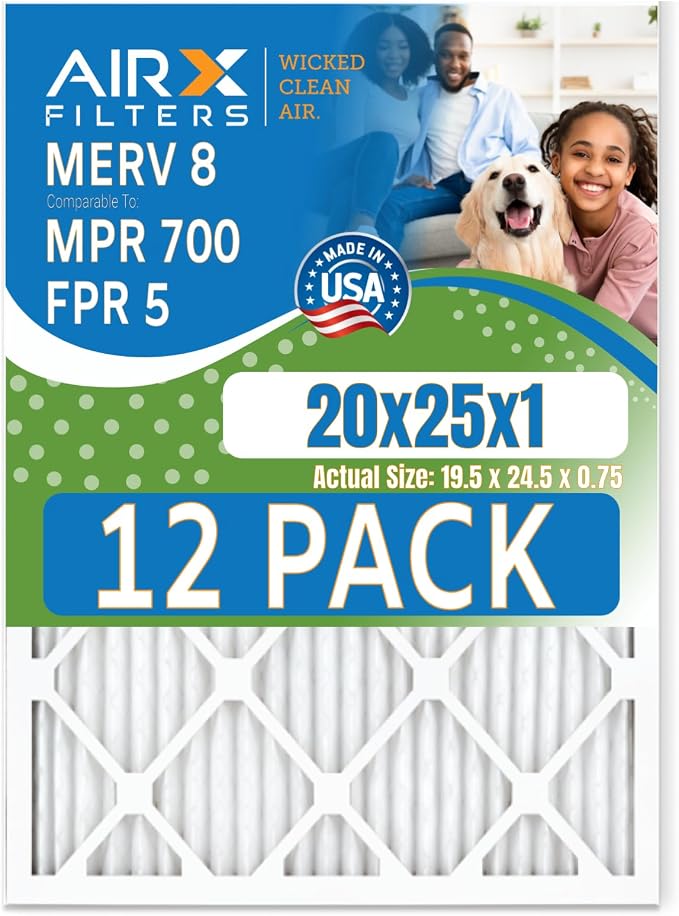 20x25x1 Air Filter MERV 8 Rating, 12 Pack of Furnace Filters Comparable to MPR by AIRXFILTERSWICKEDCLEANAIR