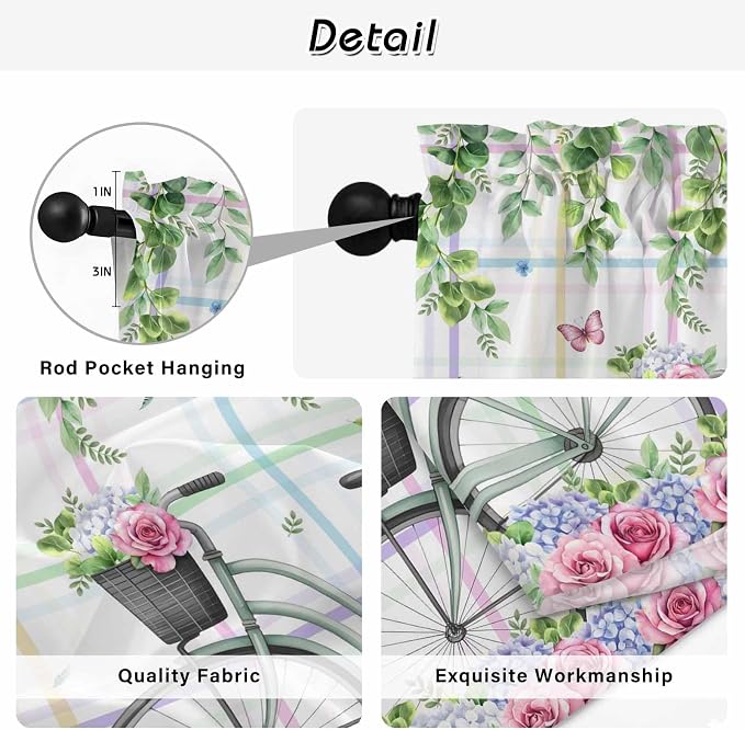 Spring Kitchen Curtains, Bicycles Botanical Leaves Rose Colorful Stripes Light - Image 9