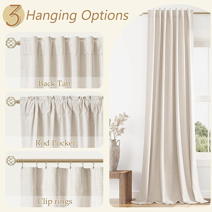 Guken 100% Blackout Linen Curtains 96 Inch Length 2 Panels Set for Living Room Bedroom Back Tab Thermal Insulated Black Out Drapes Room Darkening Farmhouse Style for Bedroom Window Curtains 40 Wide