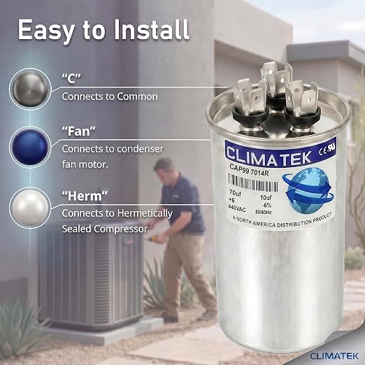 ClimaTek 70 + 10 MFD 370/440 Volt Dual Run Round Capacitor CAP99-7014R | 70/10 - Image 3