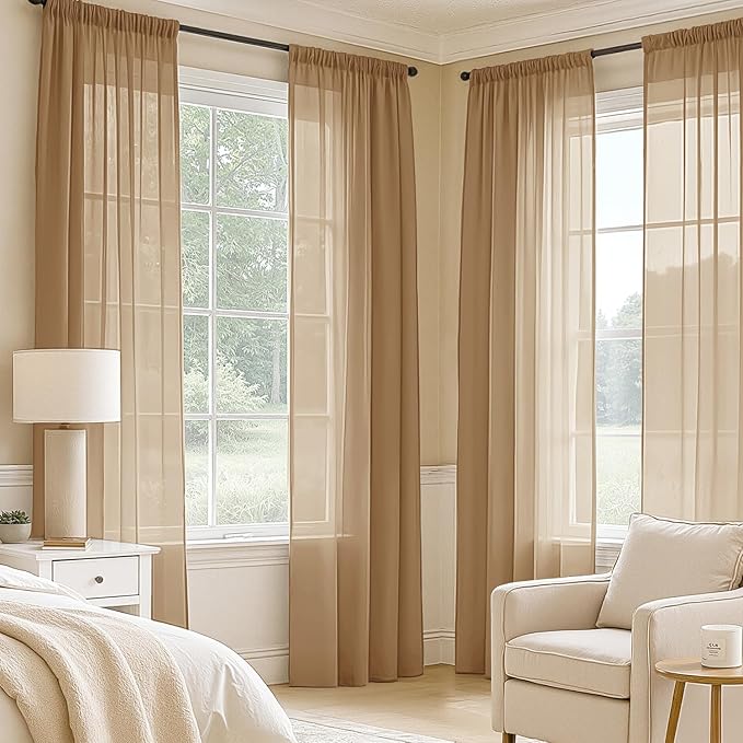 MIULEE Brown Sheer Curtains 108 Inches Long, 4 Panels Set, Rod Pocket Voile Drapes Light Filtering and Semi Transparent, Elegant Window Treatments for Bedroom Living Room,42 x 108 Inches