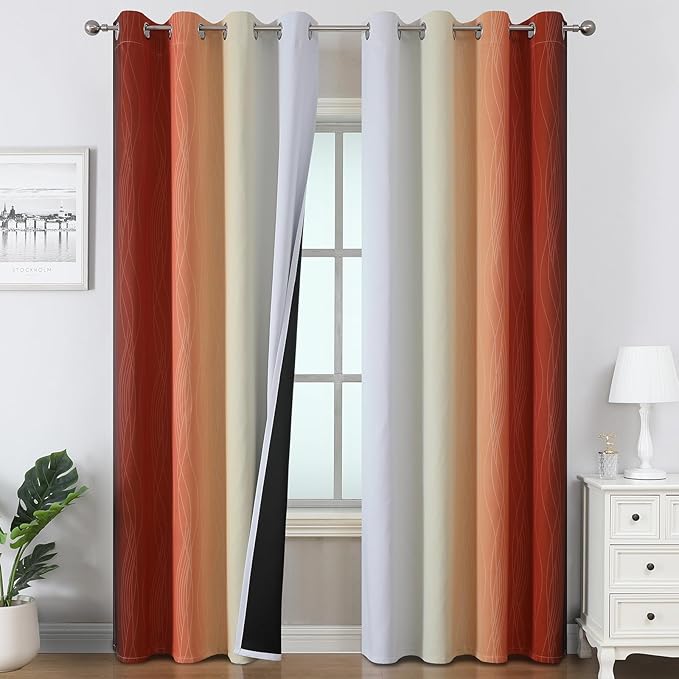 Estelar Textiler Burnt Orange and Greyish White Ombre Blackout Curtains for Bedroom 102 Inch Long, Thermal Insulated Grommet Complete Room Darkening Gradient Drapes for Living Room, 52Wx102L,2 Panels