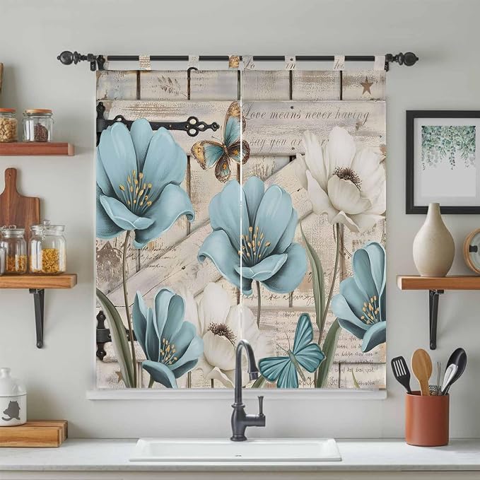 Teal Blue Tulips Living Room Curtains 84 Inch Length, Window Curtains Tab Top - Image 3