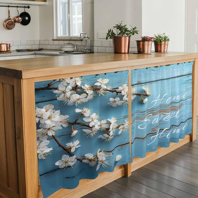 Farmhouse Wooden Grain Tier Curtains, Vintage Shabby Chic Flower Blue Light - Image 7