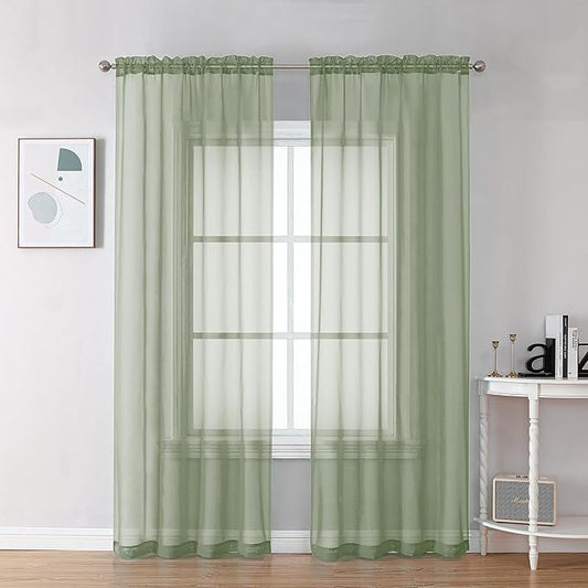 OVZME 2 Panels Sheer Sage Green Curtains 72 Inches Length Window Treatment for Kitchen, Elegant Airy Transparent Curtain Draperies Rod Pocket for Kids Living Room, Each 42 Width 72 Length
