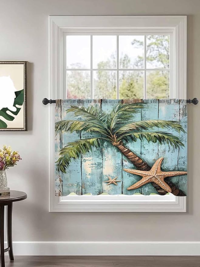 Sheer Curtains 54 Inch Length, Coastal Blue Green Tree Semi Sheer Curtains - Image 2