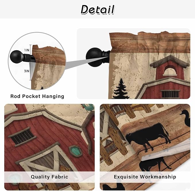 Brown Farmhouse Kitchen Curtains, Vintage Country Animals Wooden Grain Light - Image 9