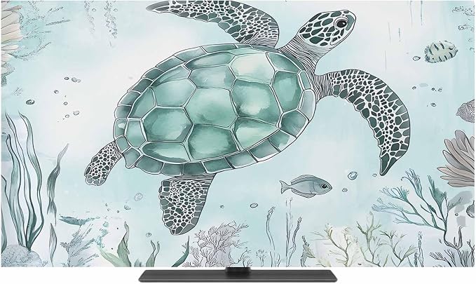Sea Turtle Ocean Seaweed Cyan Indoor TV Cover, Elastic TV Screen Protector Fish by Unknown