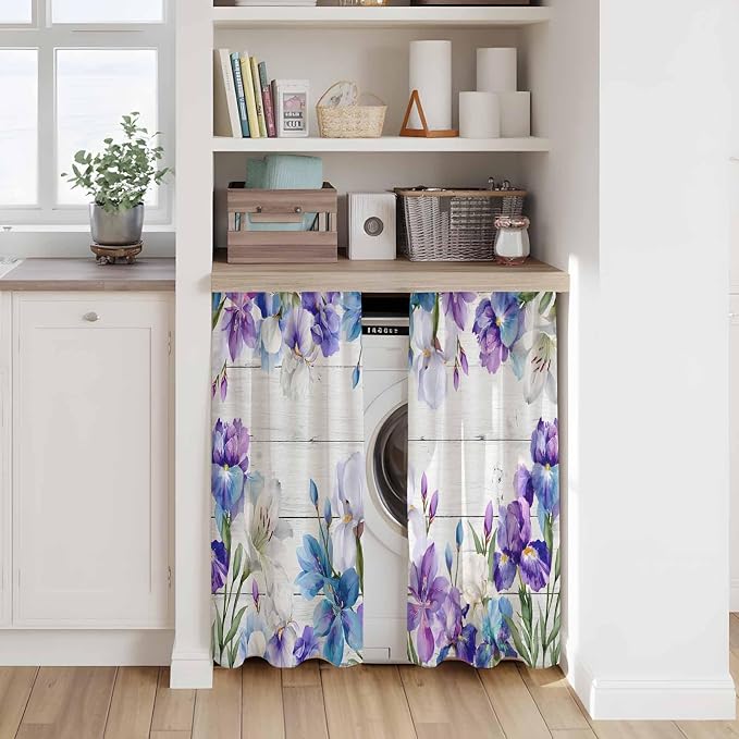 Spring Flowers Kitchen Curtains, Watercolor Garden Florals Wooden Grain Light - Image 7
