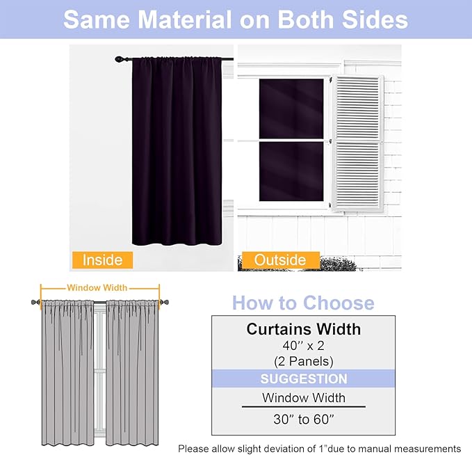 Simplebrand Ava Blackberry Short Blackout Curtains for Bedroom 45 Inches Long 2 Panels Set, Solid Thermal Insulated, Energy Saving Window Treatment Curtains Blackout Drapes, W40 x L45 Inch, Blackberry