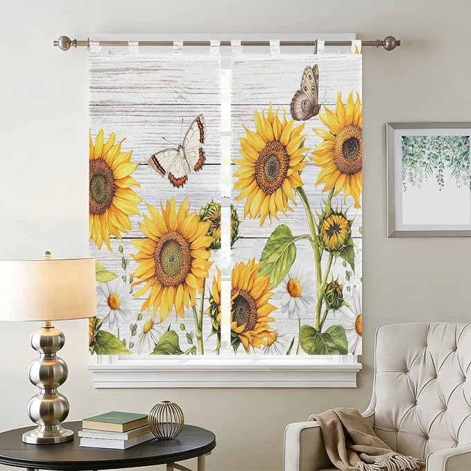 Yellow Sunflowers Bathroom Curtains 63 Inch Length, Window Curtains Tab Top - Image 2
