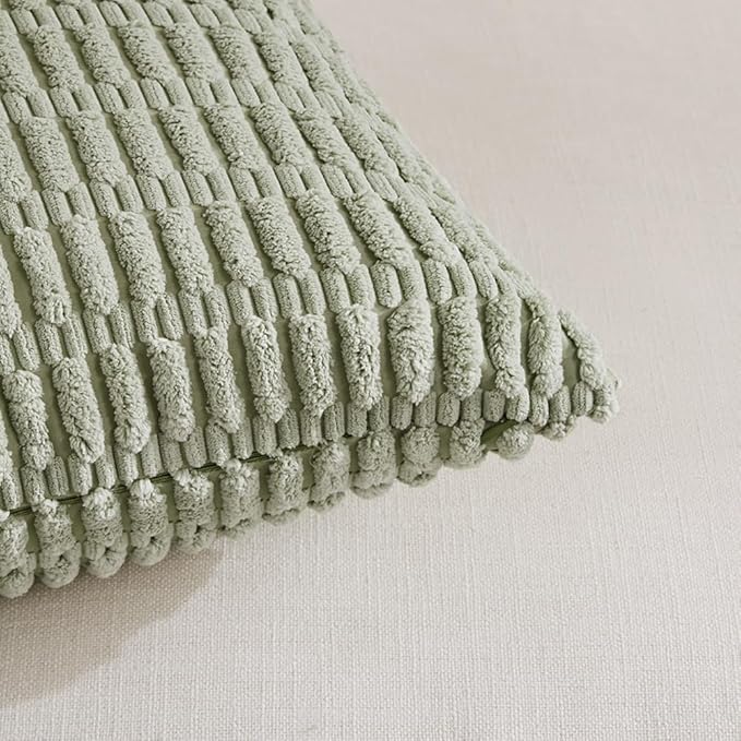 Fancy Homi 4 Packs Sage Green Decorative Throw Pillow Covers 24x24 Inch for Living Room Couch Bed Sofa, Rustic Farmhouse Boho Home Decor Soft Plush Striped Corduroy Square Cushion Case 60x60 cm
