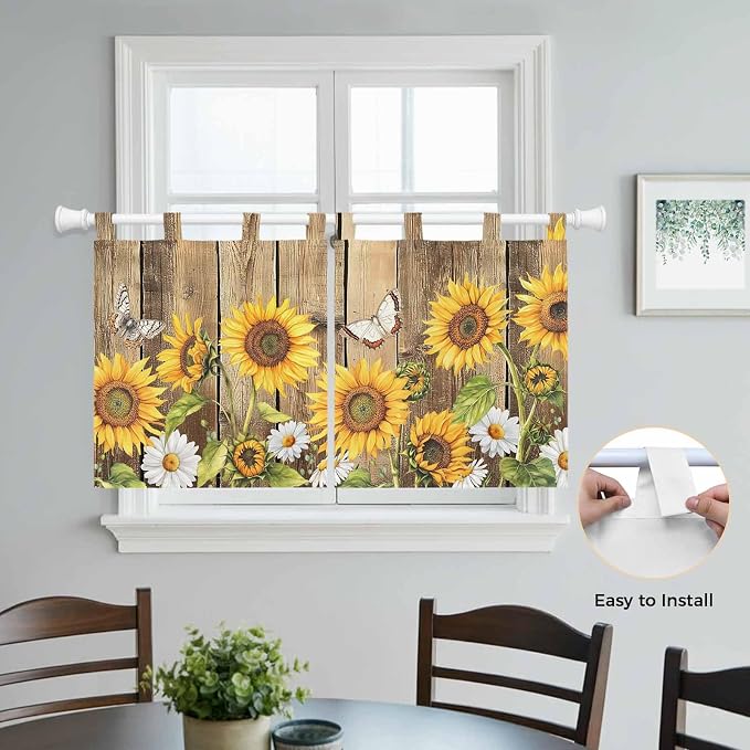 Farmhouse Sunflowers Kitchen Curtains 24 Inch Length, Small Window Curtains Tab - Image 4
