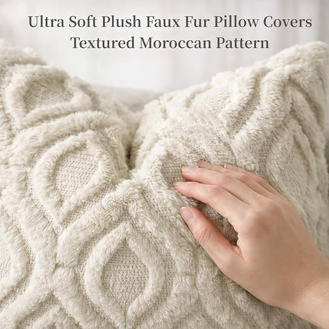 decorUhome Throw Pillow Covers 20x20 Inch Set of 2, Soft Plush Faux Wool Beige Solid Couch Pillow Covers, Accent Farmhouse Neutral Square Pillow Cases for Sofa Bed Living Room