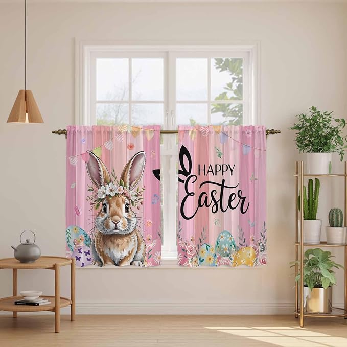 Easter Kitchen Curtains, Spring Rabbit Eggs Flowers Flags Leaves Wood Grain - Image 3