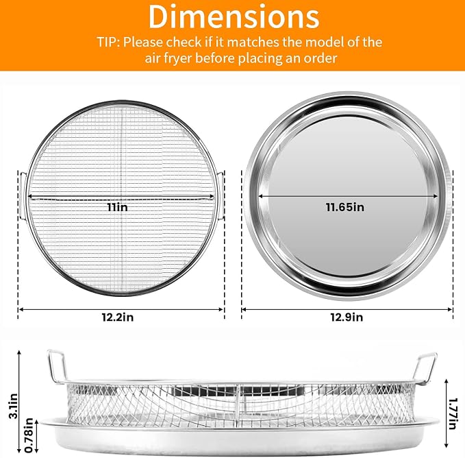 Air Fryer Basket for Oven, 2 Pieces Set Round Silver 12.9'' Non-stick Stainless - Image 2