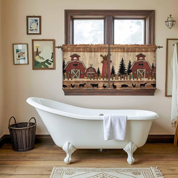 Brown Farmhouse Tier Curtains, Vintage Country Animals Wooden Grain Light - Image 5