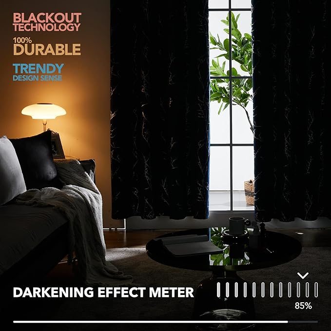 Deconovo Black Out Curtains for Kitchen, 42 x 45 Inch Length 2 Panels Set, Thermal Insulated Soundproof Window Drapes with Silver Print, Grommet Top, Machine Washable Panels for Small Winodw Nursery