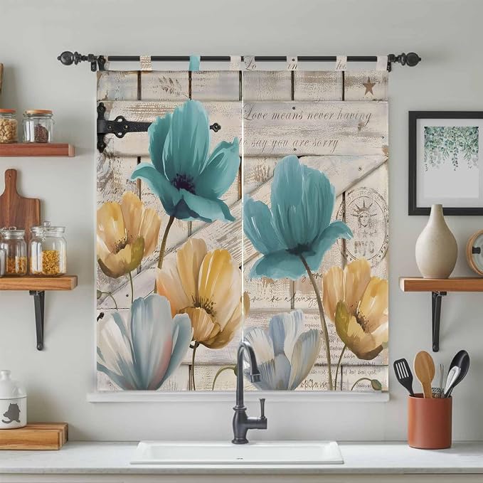 Watercolor Flowers Bedroom Curtains 72 Inch Length, Window Curtains Tab Top - Image 3