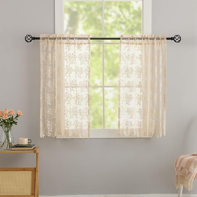 YJ YANJUN Vintage Lace Curtains 30 Inch Length- Cottage Floral Short Beige Kitchen Cafe Curtains 2 Panles,Light Filtering Rod Pocket, Small Window Sheer for Bathroom Laundry Room 26x30 Inch
