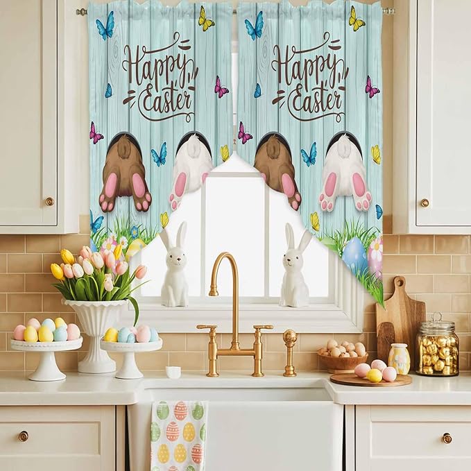 Swag Curtain Valances for Kitchen Windows, Happy Easter Bunny Butt Egg Floral - Image 3