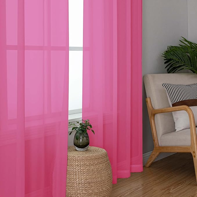 OWENIE Hot Pink Sheer Curtains for Bedroom Living Room 90 Inches Long, Elegant Solid Light Filtering Window Curtain Panles, Modern Rod Pocket Hot Pink Curtain, 2Pcs, Each 42" W x 90" L
